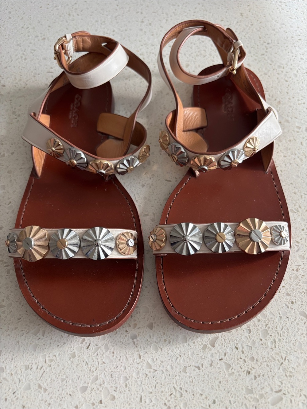 Coach Women's Cream Leather Sandals with Silver & Gold Stud Accents